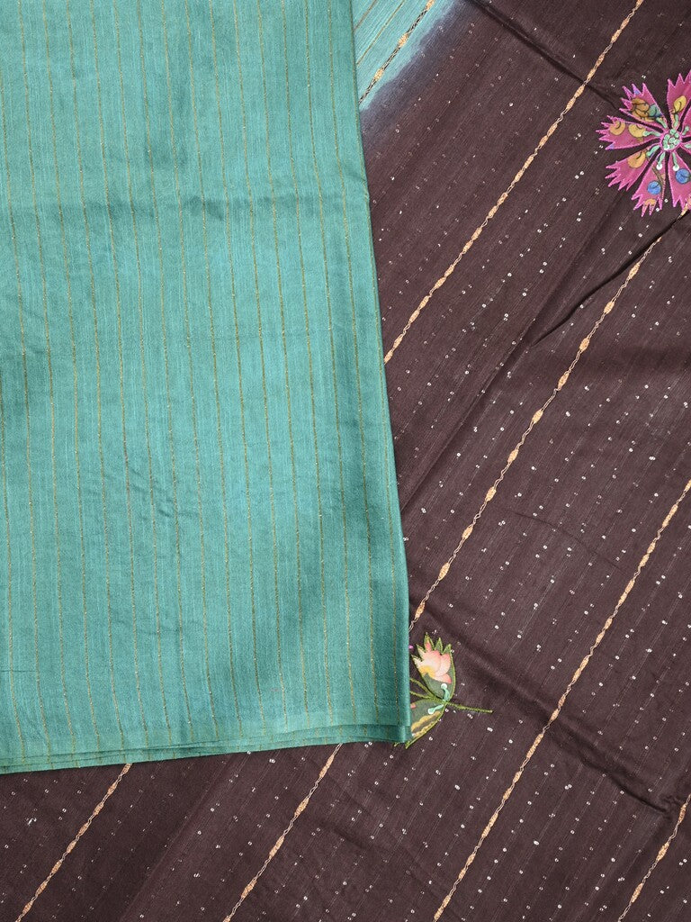 Bhagalpur fancy saree lux green color allover stripes with contrast pallu and attached blouse