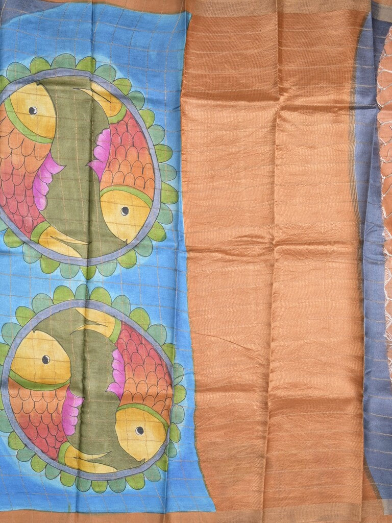 Pure tussar fancy saree grey & white color allover prints & big contrast border with contrast pallu and plain blouse