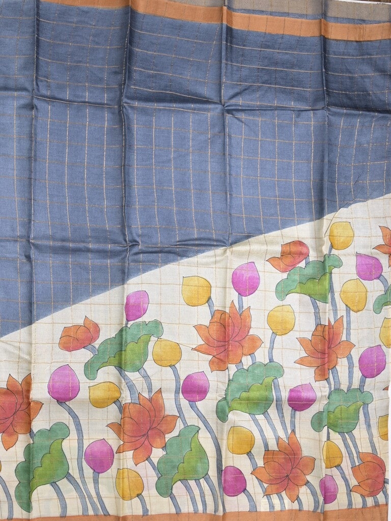 Pure tussar fancy saree grey & white color allover prints & big contrast border with contrast pallu and plain blouse