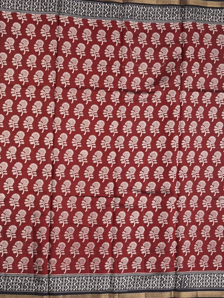 Maheshwari fancy saree maroon color allover prints & printed zari border with contrast pallu and attached blouse