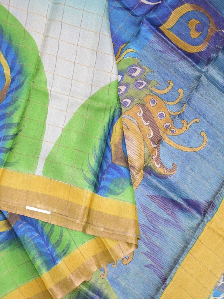 Pure tussar fancy saree parrot green color allover prints & big contrast border with contrast pallu and plain blouse