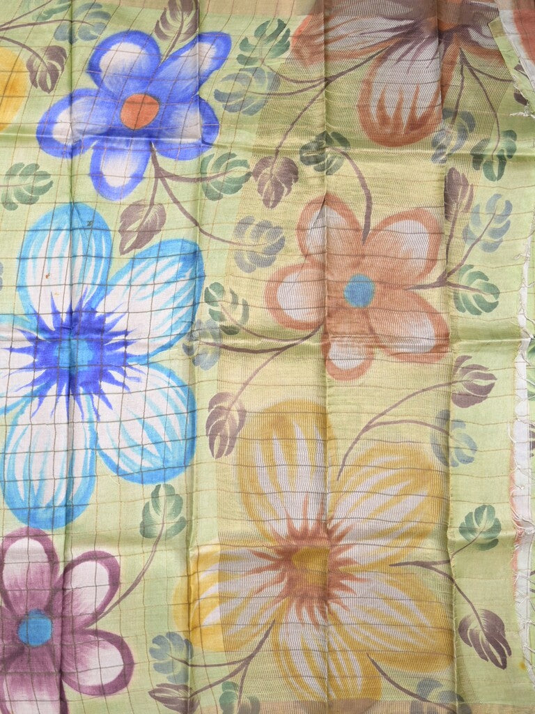 Pure tussar fancy saree pastel green color allover prints & big contrast border with contrast pallu and plain blouse