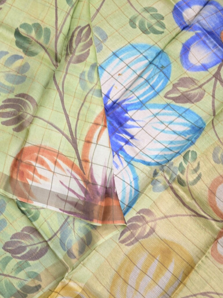 Pure tussar fancy saree pastel green color allover prints & big contrast border with contrast pallu and plain blouse