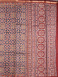 Maheshwari fancy saree navy blue color allover prints & printed zari border with contrast pallu and attached blouse
