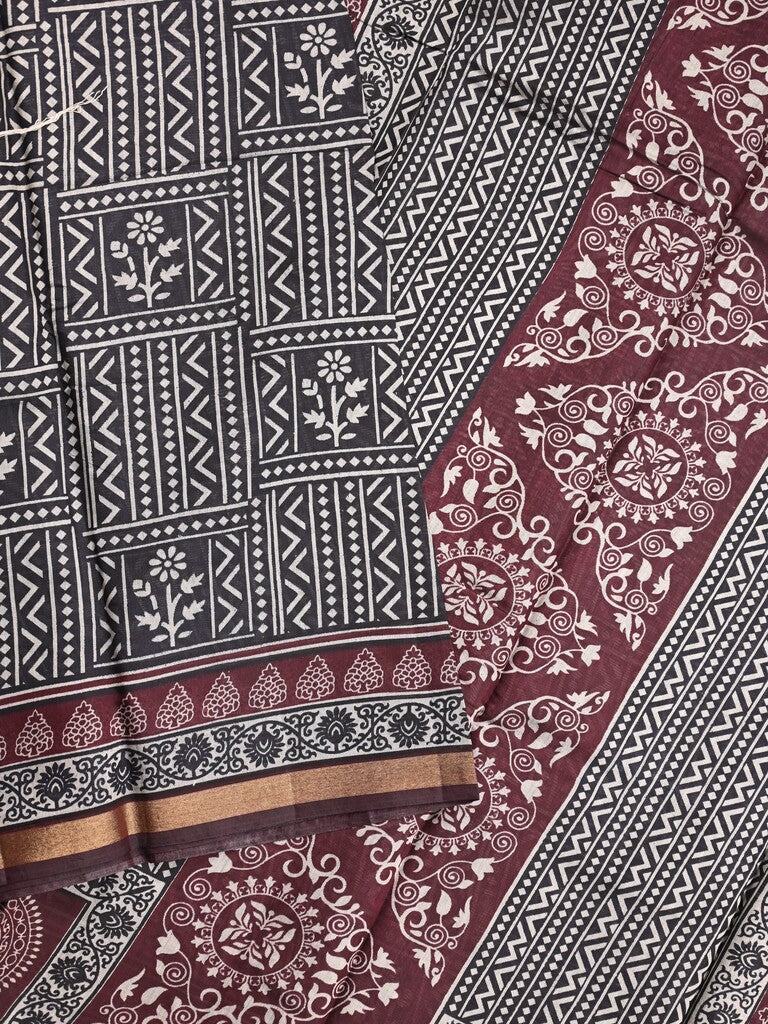 Maheshwari fancy saree black color allover prints & printed zari border with contrast pallu and attached blouse