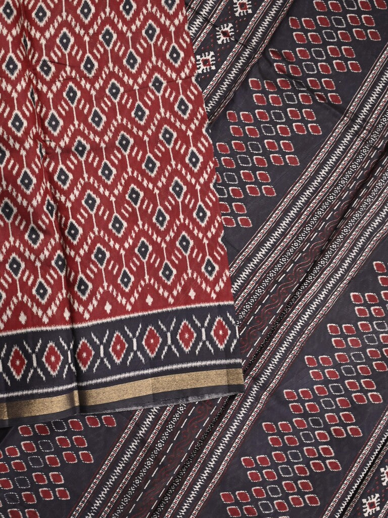 Maheshwari fancy saree maroon color allover prints & printed zari border with contrast pallu and attached blouse