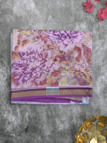 Kota fancy fancy saree half white color allover prints & zari border with printed pallu and contrast plain blouse