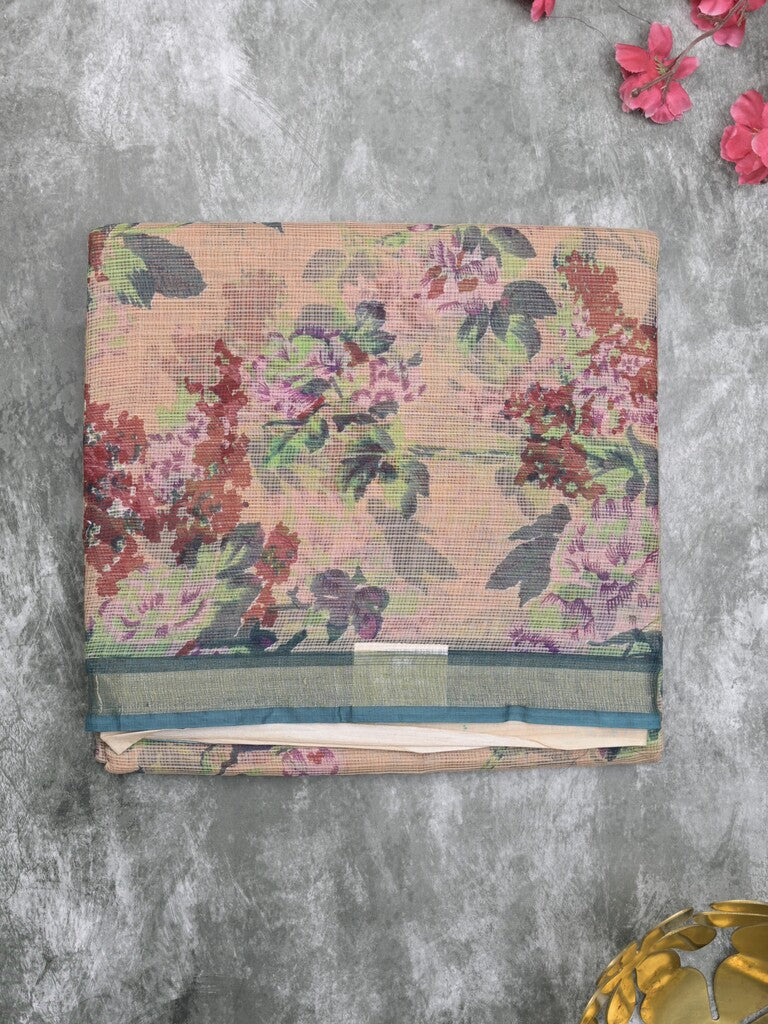 Kota fancy fancy saree cream color allover prints & zari border with printed pallu and contrast plain blouse