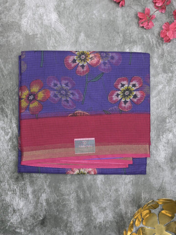 Kota fancy fancy saree royal blue color allover prints & zari border with printed pallu and contrast plain blouse