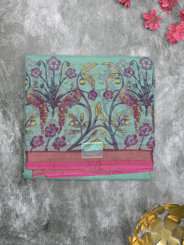 Kota fancy fancy saree lux green color allover prints & zari border with printed pallu and contrast plain blouse
