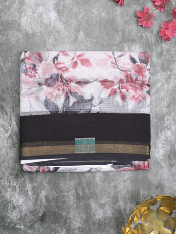 Kota fancy fancy saree white color allover prints & zari border with printed pallu and contrast plain blouse