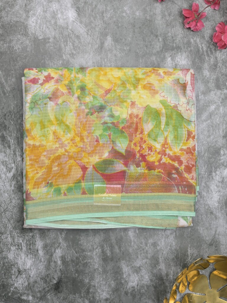 Kota fancy fancy saree white color allover prints & zari border with printed pallu and contrast plain blouse