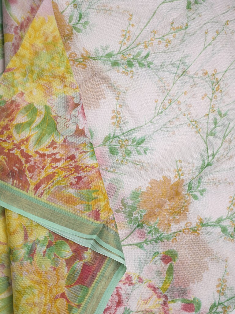 Kota fancy fancy saree white color allover prints & zari border with printed pallu and contrast plain blouse