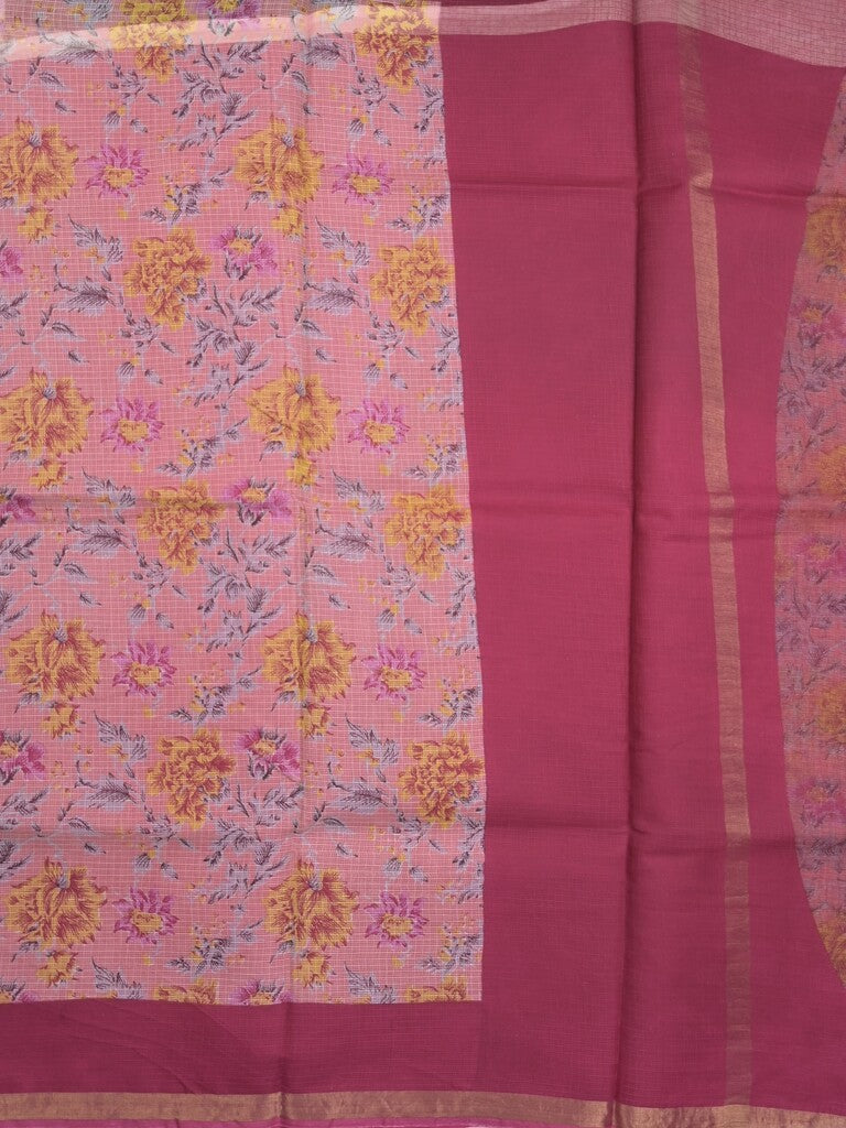 Kota fancy fancy saree baby pink color allover prints & zari border with printed pallu and contrast plain blouse