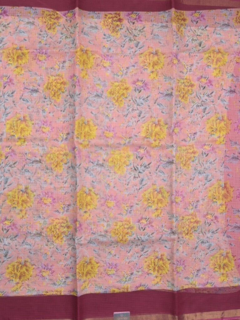 Kota fancy fancy saree baby pink color allover prints & zari border with printed pallu and contrast plain blouse