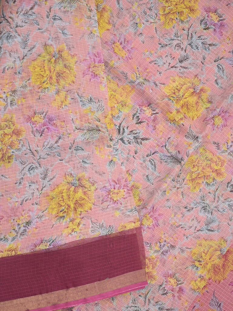 Kota fancy fancy saree baby pink color allover prints & zari border with printed pallu and contrast plain blouse