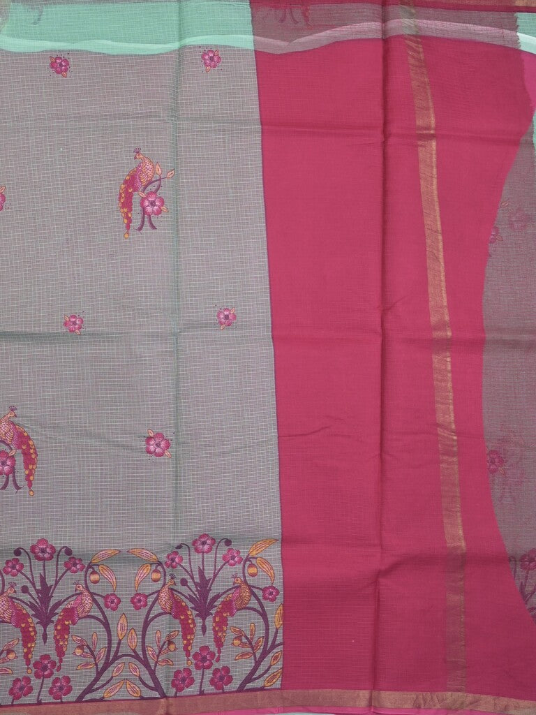 Kota fancy fancy saree lux green color allover prints & zari border with printed pallu and contrast plain blouse