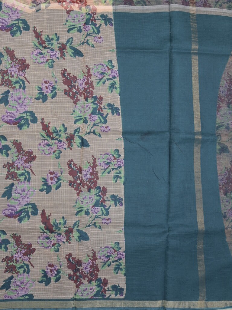 Kota fancy fancy saree cream color allover prints & zari border with printed pallu and contrast plain blouse