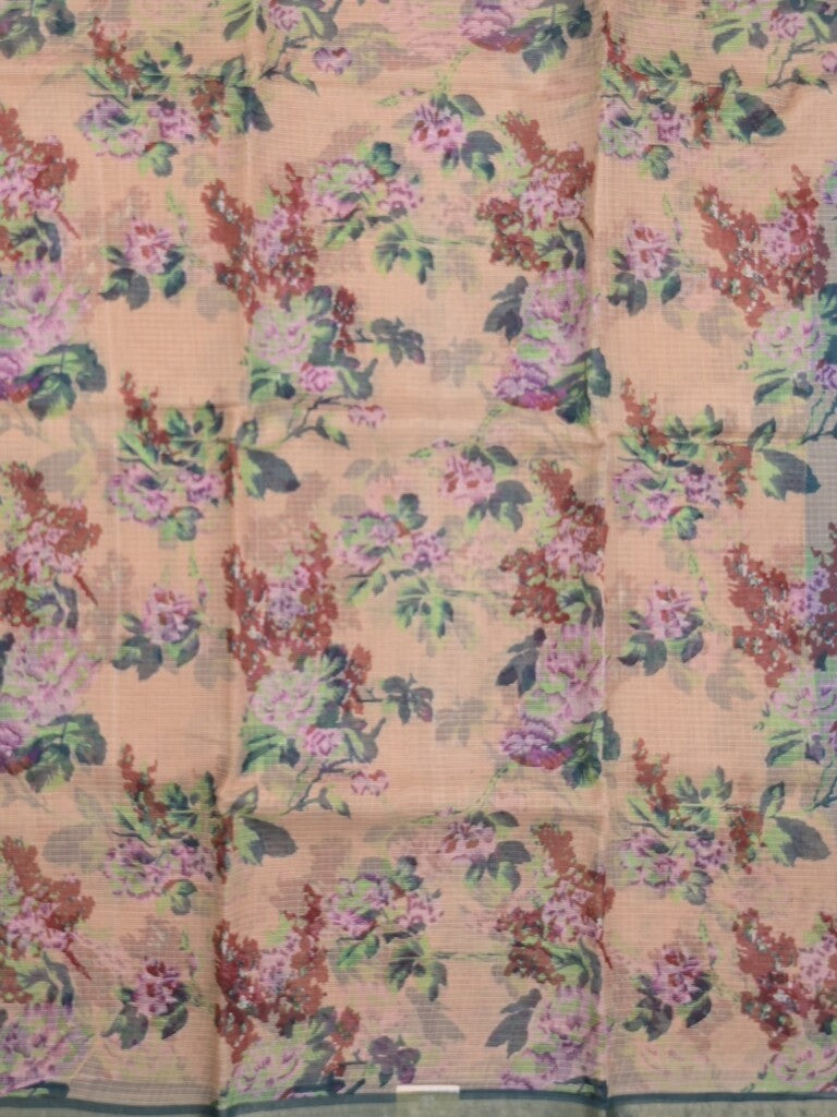 Kota fancy fancy saree cream color allover prints & zari border with printed pallu and contrast plain blouse