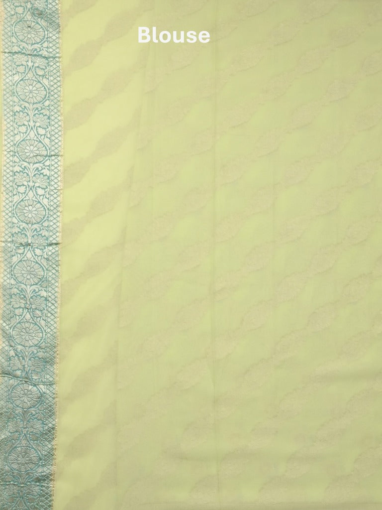 Pure georgette fancy saree pastel yellow color allover zari motifs & zari border with rich pallu and plain blouse