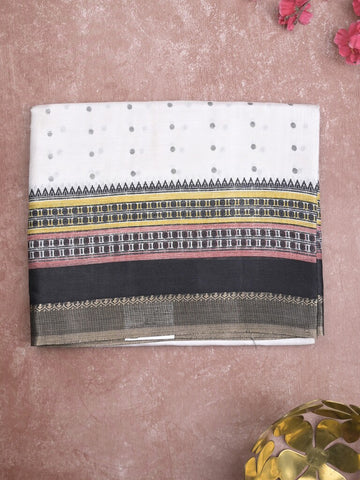 Kota fancy fancy saree white & black color allover prints & zari border with printed pallu and printed blouse