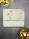 Tussar tissue fancy saree light pastel blue color allover prints & embroidery border with short pallu and plain blouse