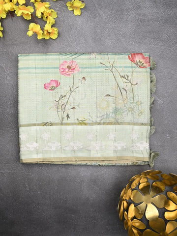 Tussar tissue fancy saree light pastel blue color allover prints & embroidery border with short pallu and plain blouse