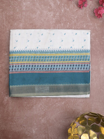 Kota fancy fancy saree white & sky blue color allover prints & zari border with printed pallu and printed blouse