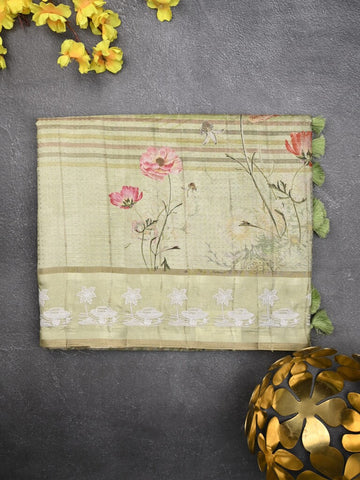 Tussar tissue fancy saree light pastel green color allover prints & embroidery border with short pallu and plain blouse