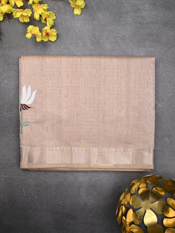 Chanderi fancy saree light peach color allover prints & zari border with short pallu and plain blouse