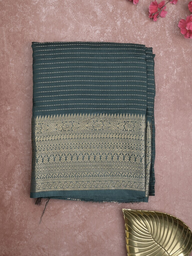 Georgette fancy saree dark green color allover stripes & zari border with short pallu and self blouse