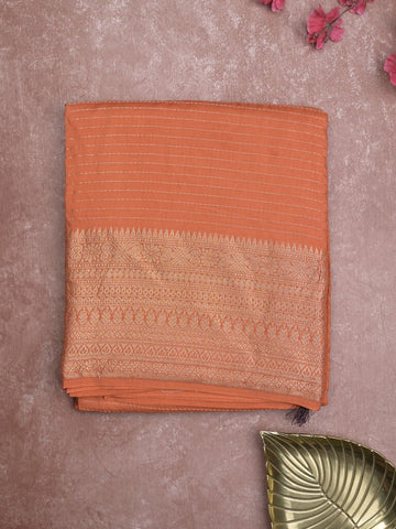 Georgette fancy saree orange color allover stripes & zari border with short pallu and self blouse