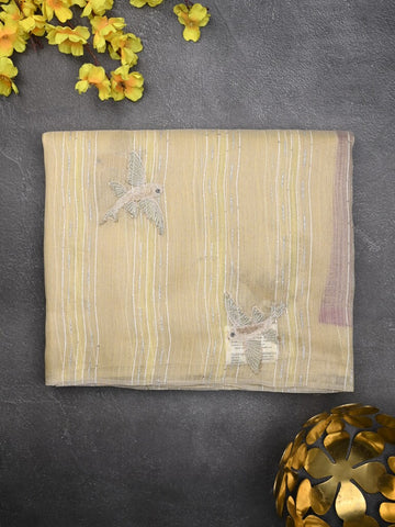 Jute tissue fancy saree pastel yellow color allover sequence work with short pallu and contrast blouse