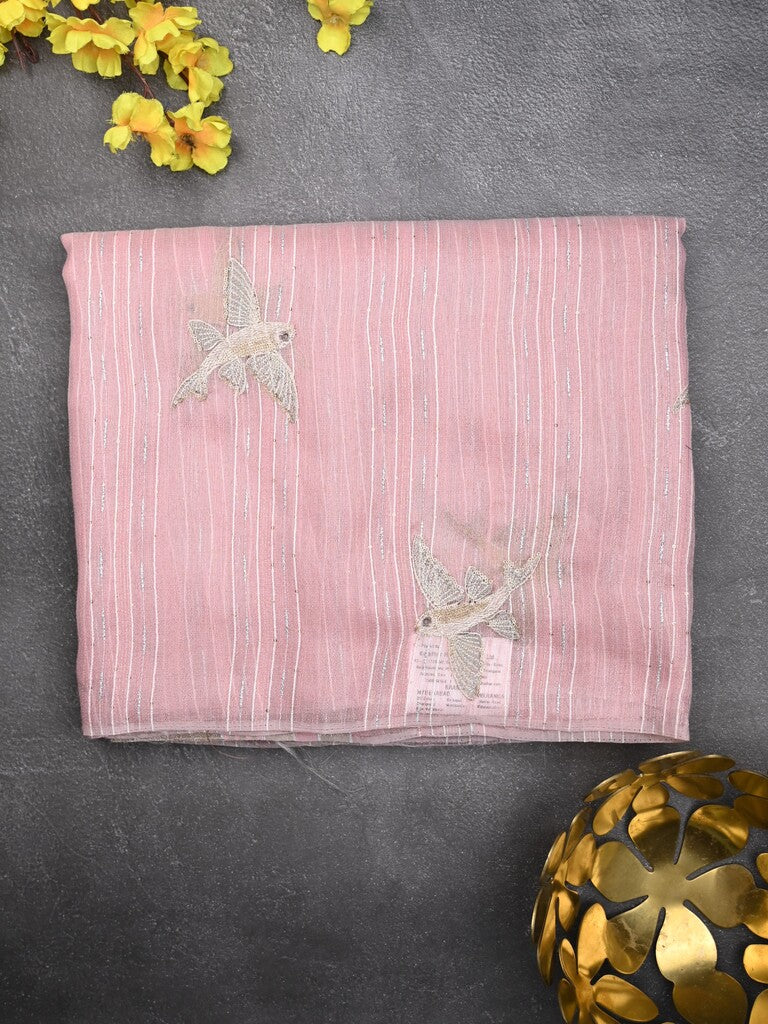 Jute tissue fancy saree baby pink color allover sequence work with short pallu and contrast blouse