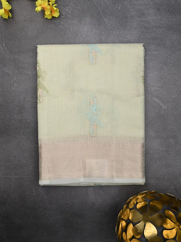 Kota fancy saree light pastel green color allover embroidery motifs & zari border with short pallu and plain blouse