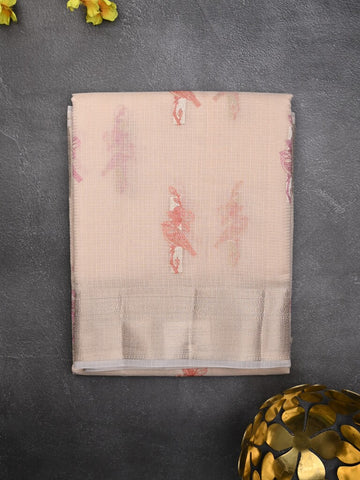 Kota fancy saree pastel peach color allover embroidery motifs & zari border with short pallu and plain blouse