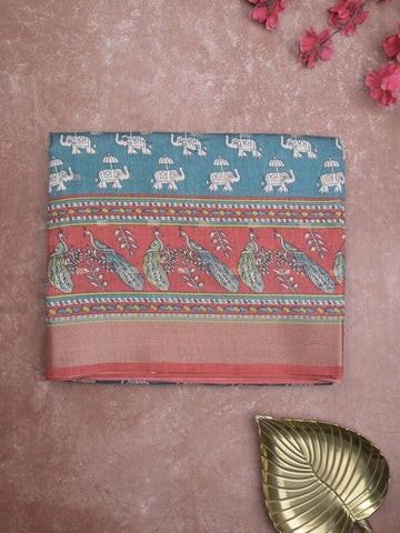 Dola silk fancy saree peacock blue color allover prints & zari border with printed pallu and contrast blouse
