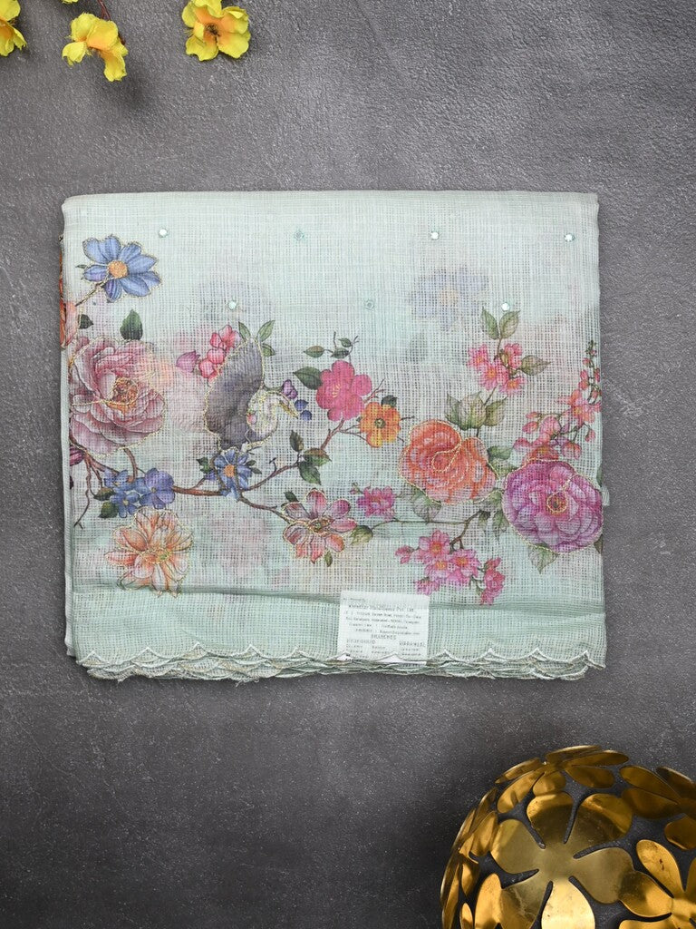 Silk kota fancy saree pastel blue color allover mirror work & sequence cutwork border with running pallu and printed blouse