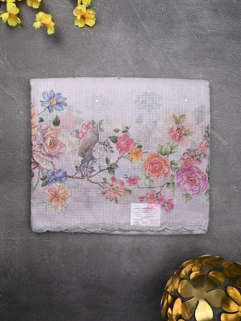 Silk kota fancy saree light grey color allover mirror work & sequence cutwork border with running pallu and printed blouse