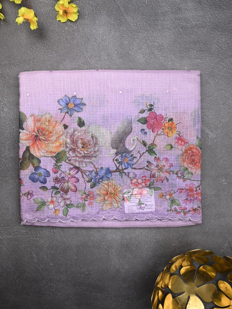 Silk kota fancy saree light lavender color allover mirror work & sequence cutwork border with running pallu and printed blouse