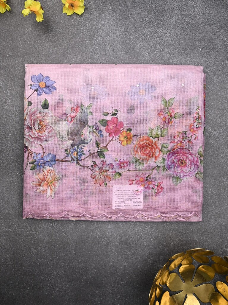 Silk kota fancy saree baby pink color allover mirror work & sequence cutwork border with running pallu and printed blouse