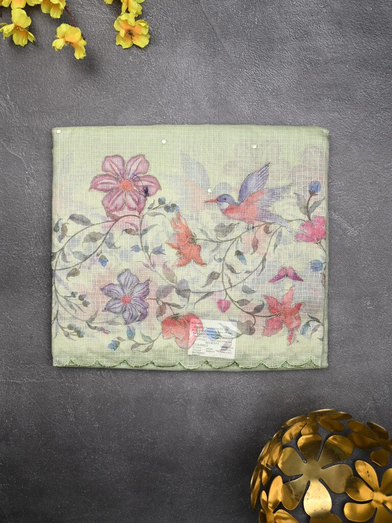 Silk kota fancy saree light pastel green color allover mirror work & sequence cutwork border with running pallu and printed blouse