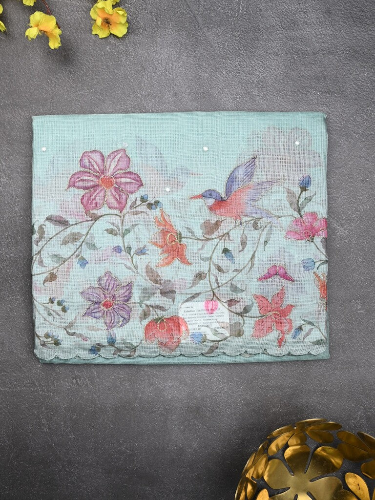 Silk kota fancy saree sky blue color allover mirror work & sequence cutwork border with running pallu and printed blouse