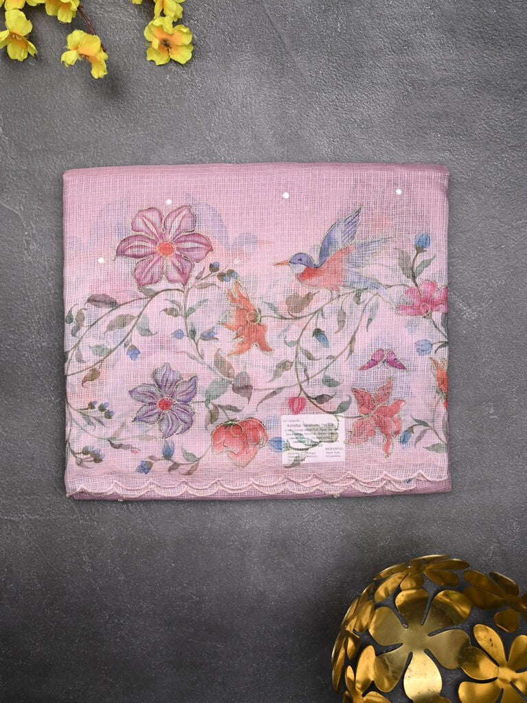 Silk kota fancy saree light pink color allover mirror work & sequence cutwork border with running pallu and printed blouse