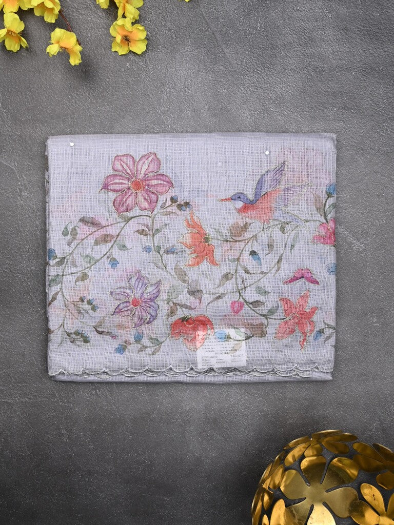 Silk kota fancy saree light grey color allover mirror work & sequence cutwork border with running pallu and printed blouse