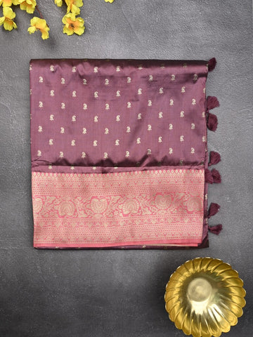 Dupion fancy saree dark wine color allover zari motifs & zari border with rich pallu and plain blouse