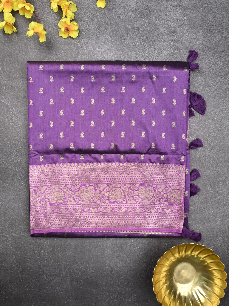 Dupion fancy saree violet color allover zari motifs & zari border with rich pallu and plain blouse