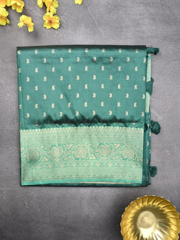 Dupion fancy saree peacock green color allover zari motifs & zari border with rich pallu and plain blouse