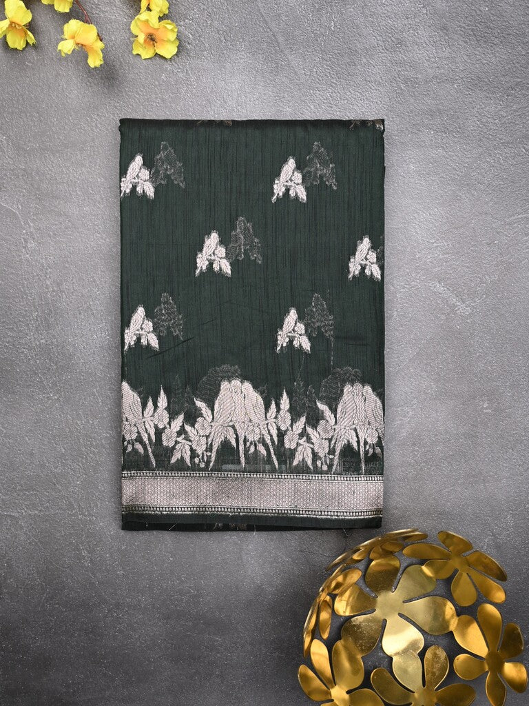 Raw silk fancy saree dark green color allover zari motifs & zari border with zari pallu and plain blouse