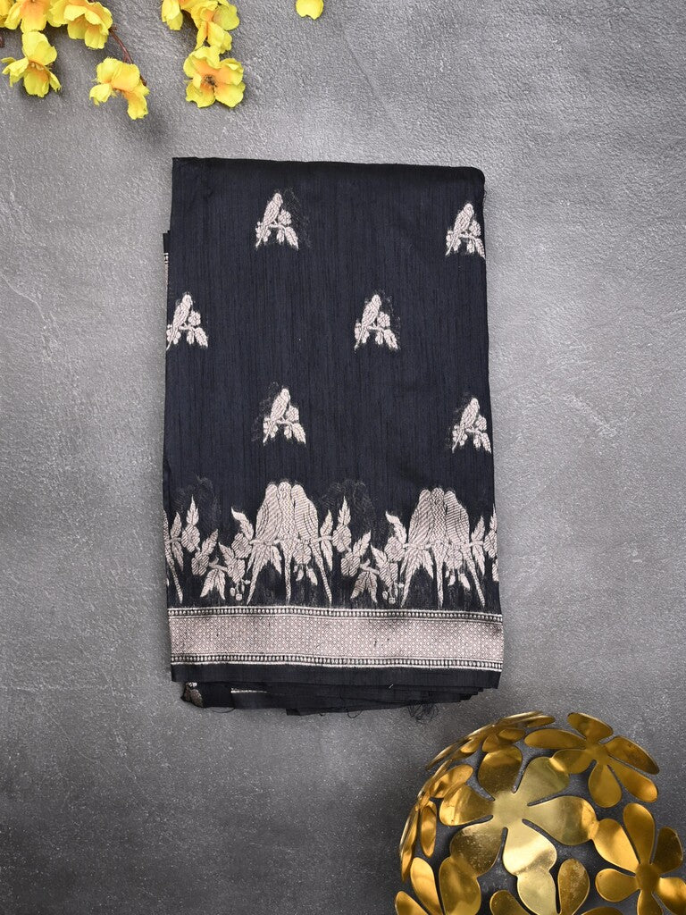 Raw silk fancy saree black color allover zari motifs & zari border with zari pallu and plain blouse